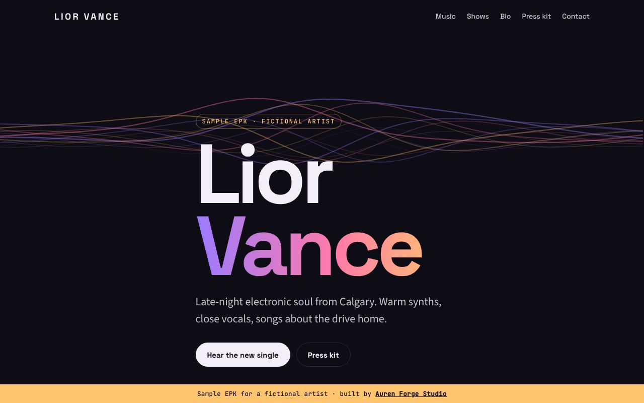 Lior Vance sample site, home screen