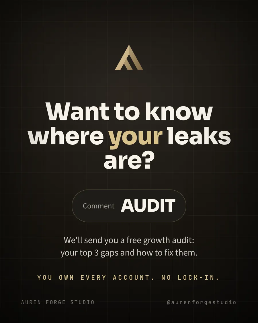 Slide 8: Want to know where your leaks are? Ask for a free audit with your top 3 gaps and how to fix them. You own every account, no lock-in.