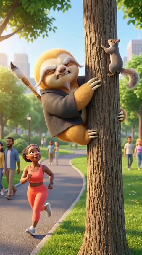 Illustration: Auren the sloth hugging a tree in a sunny park while a runner jogs past