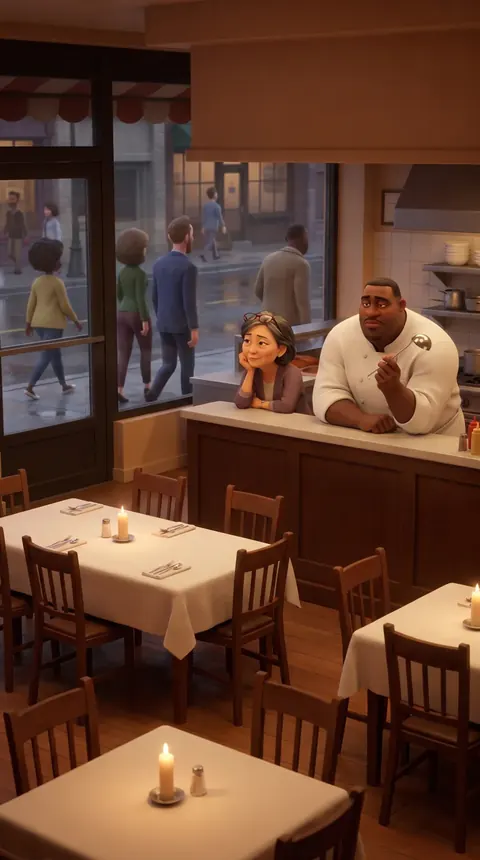 Illustration: an empty restaurant with candles lit, the owners waiting at the counter while people walk past outside