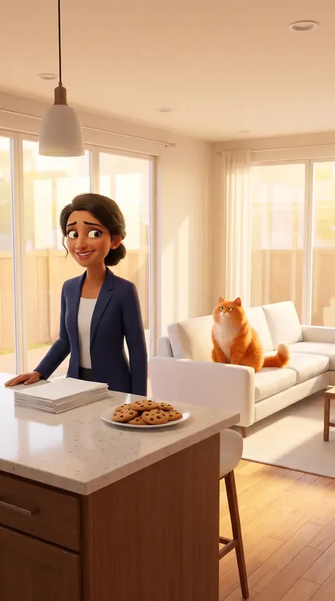 Illustration: a real estate agent alone at an open house, with only a cat on the sofa