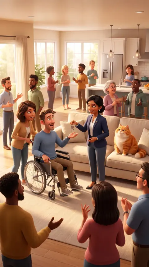 Illustration: the same agent handing keys to a buyer at a busy open house