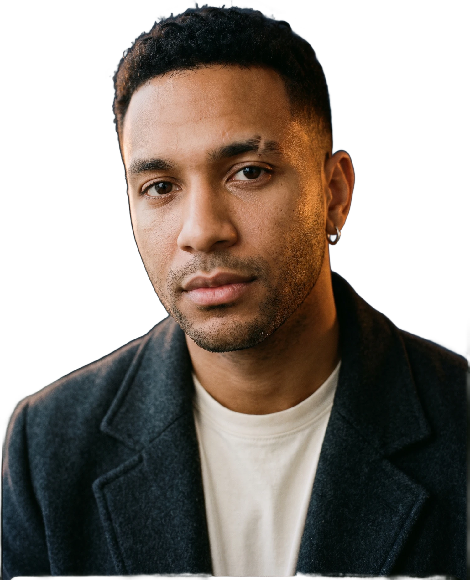 Lior Vance in a charcoal coat and cream tee, looking into the camera