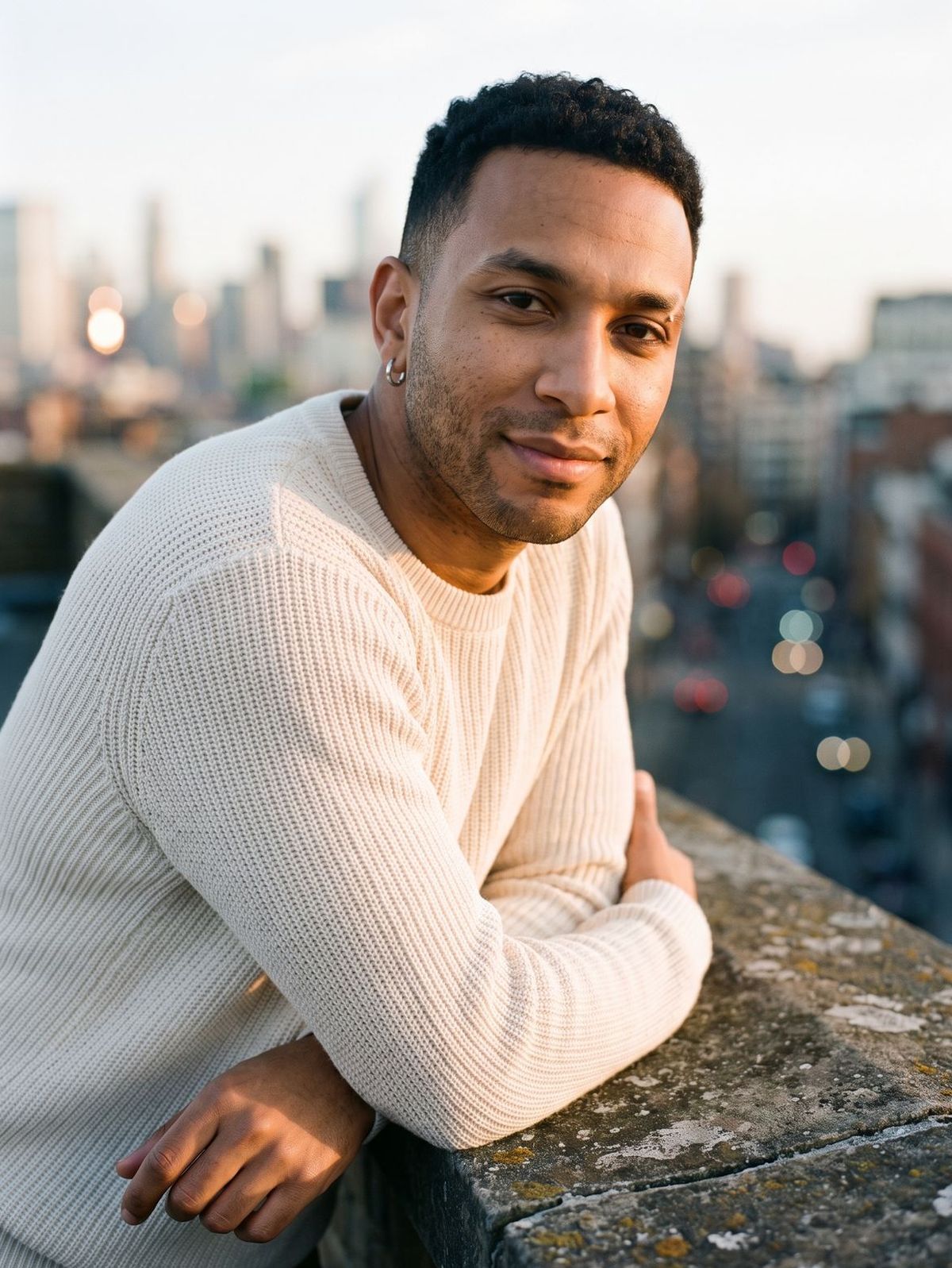Lior on a rooftop at golden hour, leaning on a concrete ledge with a half smile