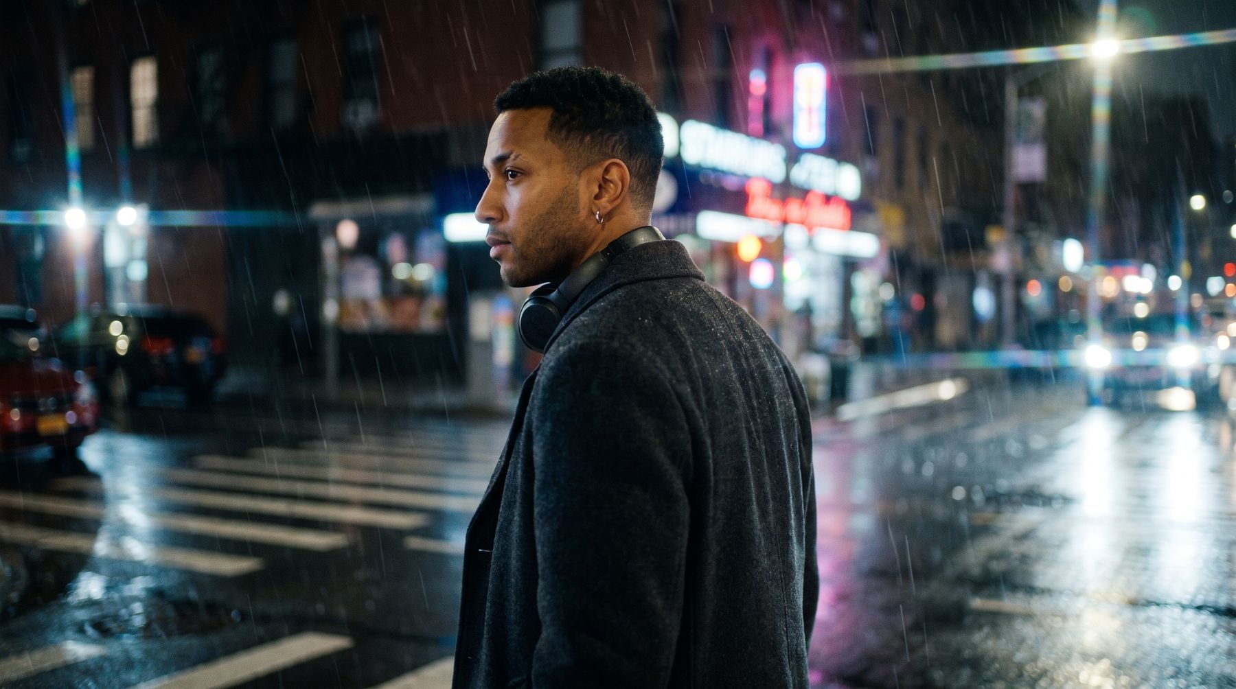 Lior walking away from camera on a rainy night street toward a glowing crosswalk